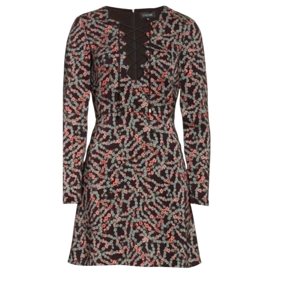 Saloni Nurul Floral Print lace-up V neck Long Sleeve Bodycon Mini Dress Size 6 - Picture 7 of 13